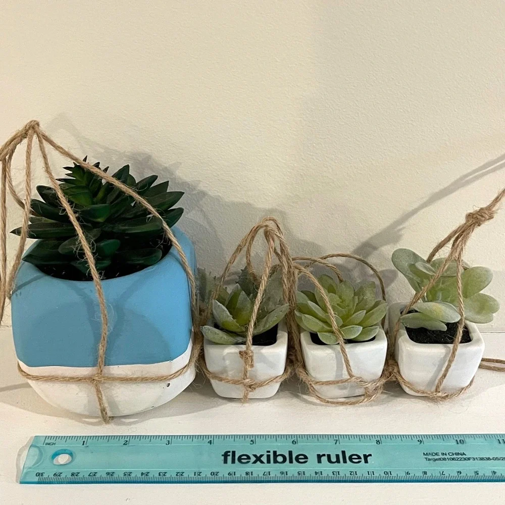 Unbranded Faux Succulent Set 4pc Blue White Boho Hanging Macrame‎ Ceramic Pots